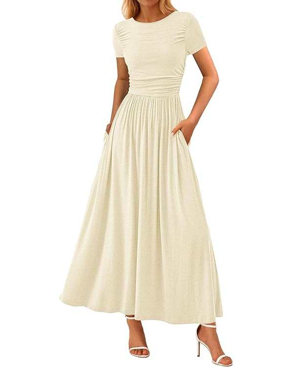 PRETTYGARDEN Women's Casual Dresses 2025 Summer Short Sleeve Ruched Patchwork A Line Pleated Swin... | Amazon (US)