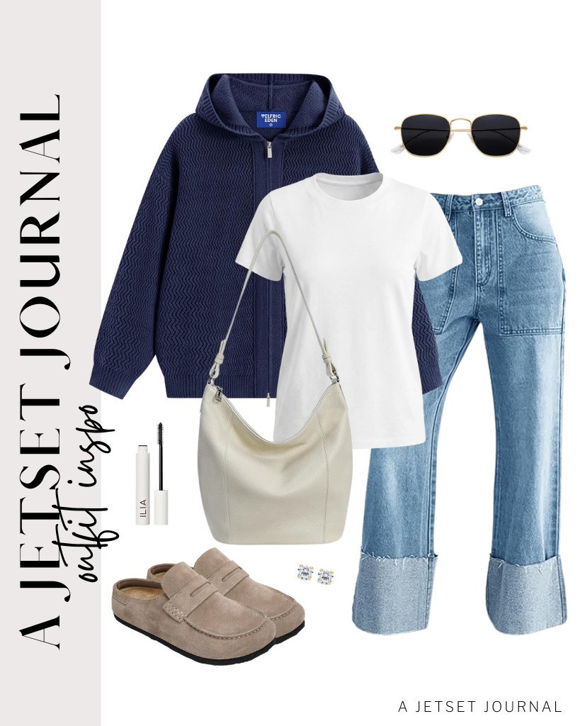 The last outfit in this collection is a combination of a Madewell vintage tee, a navy Aelfric Eden zip-up cardigan, and cuffed jeans from PLNOTME. This look is perfect with an Iswee shoulder bag and leather clogs from Project Cloud. Remember to wear your TILO JEWELRY stud earrings and SOJOS square polarized sunnies! 

 #LTKSeasonal #LTKSaleAlert #LTKTravel