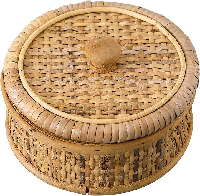 SOFE Small Round Rattan Box with Lid, Decorative Storage Boxes, Rattan Storage Basket for Jewelry... | Amazon (US)