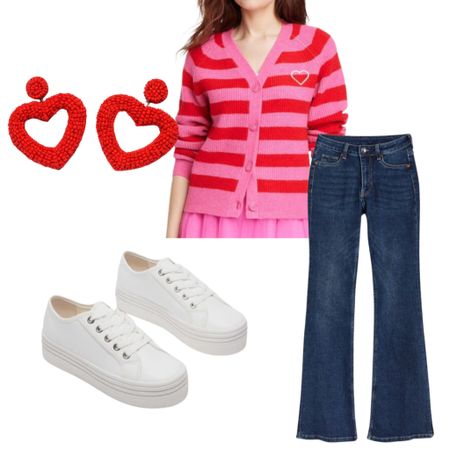 Valentine’s Day 
Flare jeans 
Pink and red sweater 
Platform sneakers 

#LTKstyletip #LTKshoecrush #LTKSeasonal