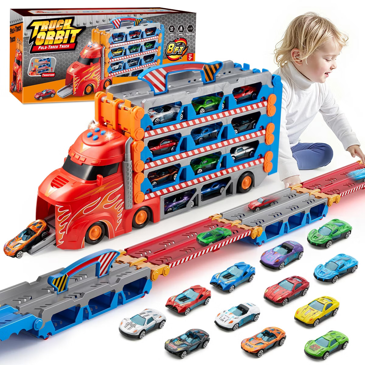 Joyfy 8FT Foldable Carrier Truck, 3-Layer Toy Truck Race Track with 12 Die-Cast Metal Cars – Li... | Target