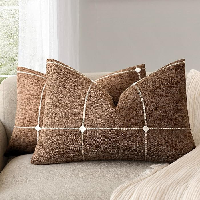 Foindtower Pack of 2 Decorative Faux Linen Jacquard Check Throw Pillow Covers Farmhouse Lumbar Cu... | Amazon (CA)
