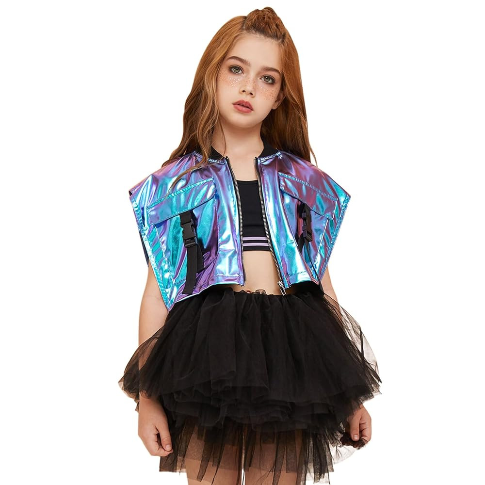 Perfashion Girls Vest Cropped Cargo Metallic Jacket Buckle Zip Up With Pockets Streetwear Outfit ... | Amazon (US)