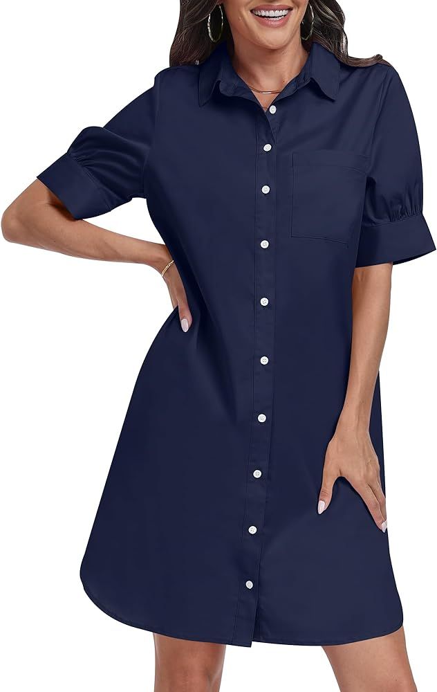 ANRABESS Womens Button Down Shirt Dress with Pockets Short Sleeve Loose Business Casual Summer Be... | Amazon (US)