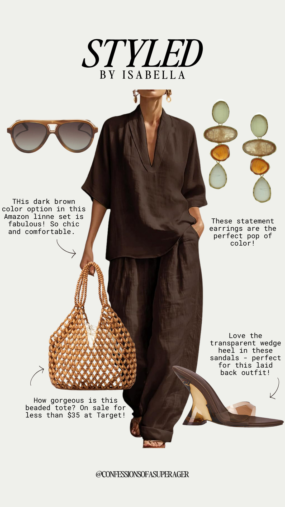 Chocolate brown is the color of the season 🤎 This Amazon linen set is the perfect mix of effortless, chic, and comfortable for spring and summer styling. Paired with trendy statement earrings, luxe oversized sunnies, a viral-inspired beaded tote, and clear wedge heels for that elevated resort wear look without the designer price tag. Shop all my affordable fashion finds and neutral outfit inspo on my LTK! #LTKStyle #AmazonFashion #BrownOutfit #LinenSet #QuietLuxury #ResortWear #SpringStyle #SummerFashion #NeutralStyle #EffortlessStyle #OldMoneyAesthetic #VacationOutfit #AffordableFashion #TargetStyle #AmazonFinds #MinimalStyle #CapsuleWardrobe #FashionInspo #ChicStyle #ConfessionsOfASuperager

#LTKootd #LTKOver40 #LTKSaleAlert