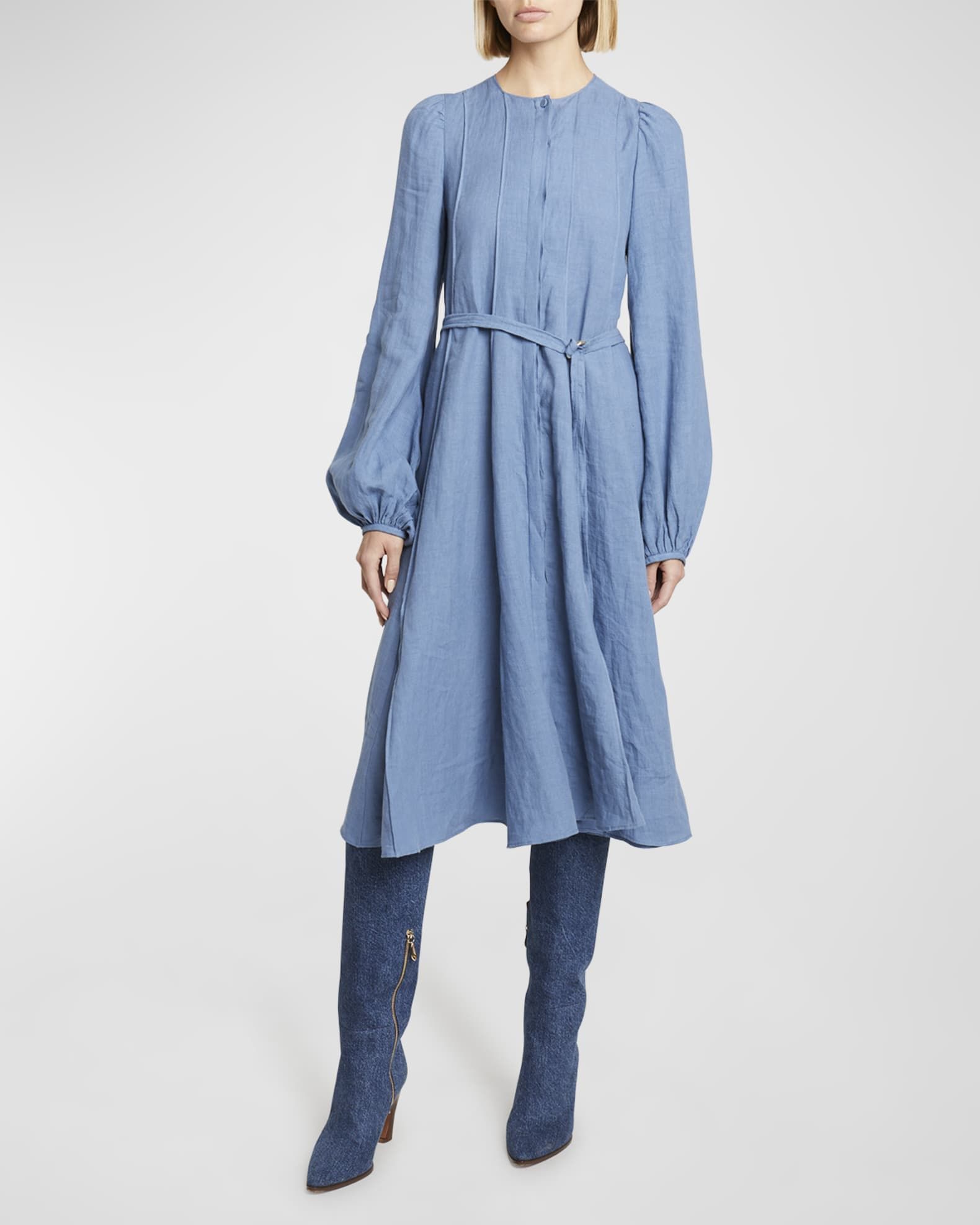 Chloe Belted Chambray Linen Midi Dress | Neiman Marcus