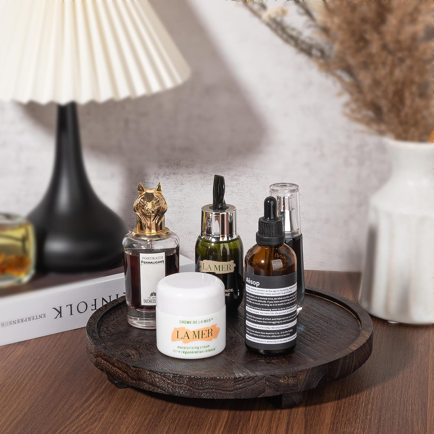 Round Decorative Tray Wood Bathroom Counter Organizer Farmhouse Kitchen Decor Wooden Riser for So... | Amazon (US)