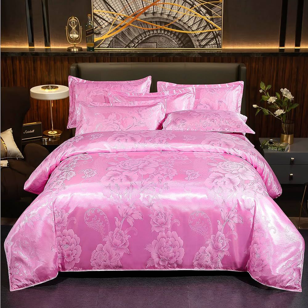 Beyeutao Jacquard Duvet Cover Set King Size Luxury Silk Bedding Extra Soft Microfiber Pink Satin ... | Amazon (US)