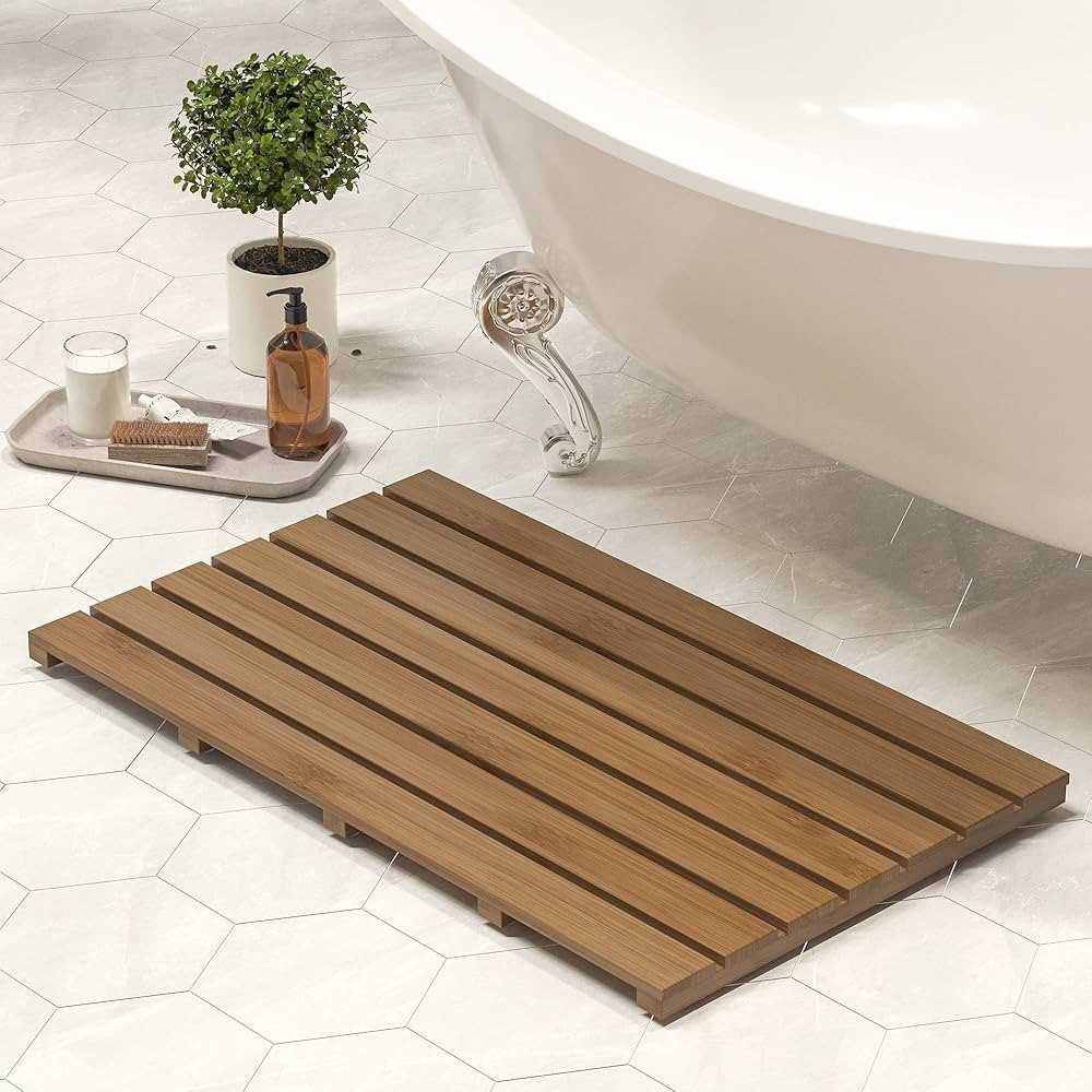 Bamboo Wooden Bath Floor Mat for Luxury Shower - Non-Slip Bathroom Waterproof Carpet for Indoor o... | Amazon (US)
