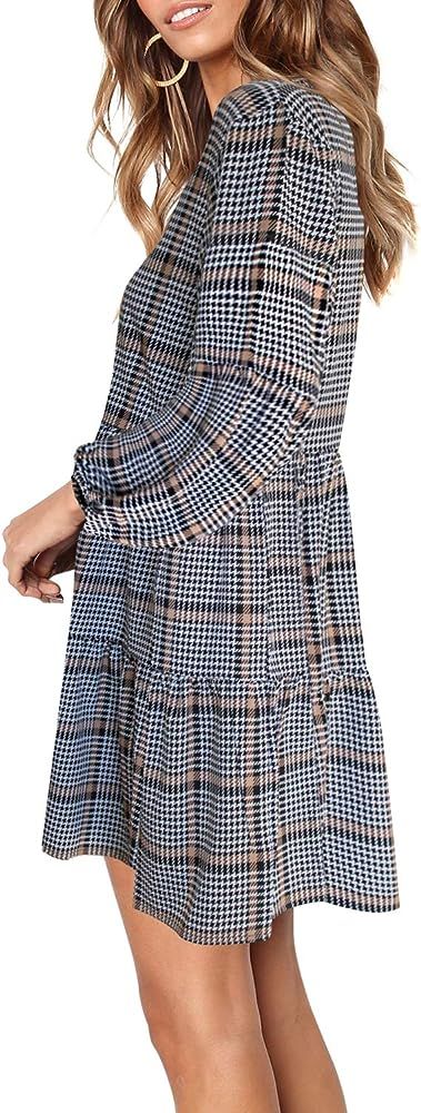 FOWSMON Women's Tunic Dress Cute Printed V Neck Long Sleeve Casual Swing Ruffle Dress | Amazon (US)