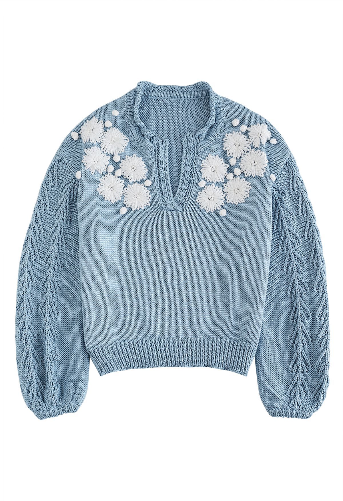 Blooming Passion Floral Stitch V-Neck Knit Sweater in Blue | Chicwish