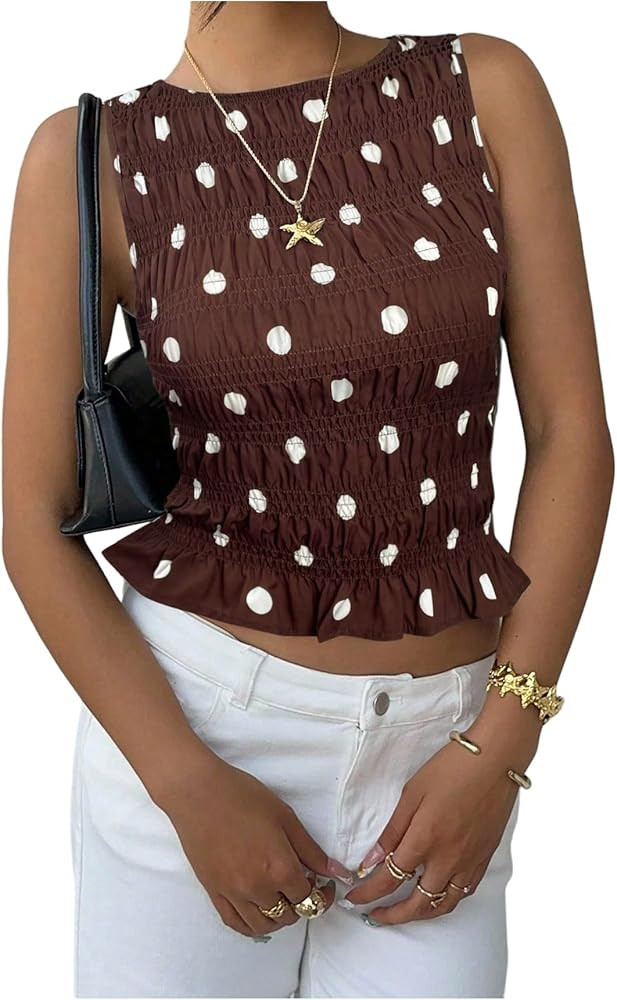 BEAUDRM Women's Polka Dots Tank Top Y2k Ruched Crewneck Sleeveless Ruffle Fitted Cropped Shirt | Amazon (US)