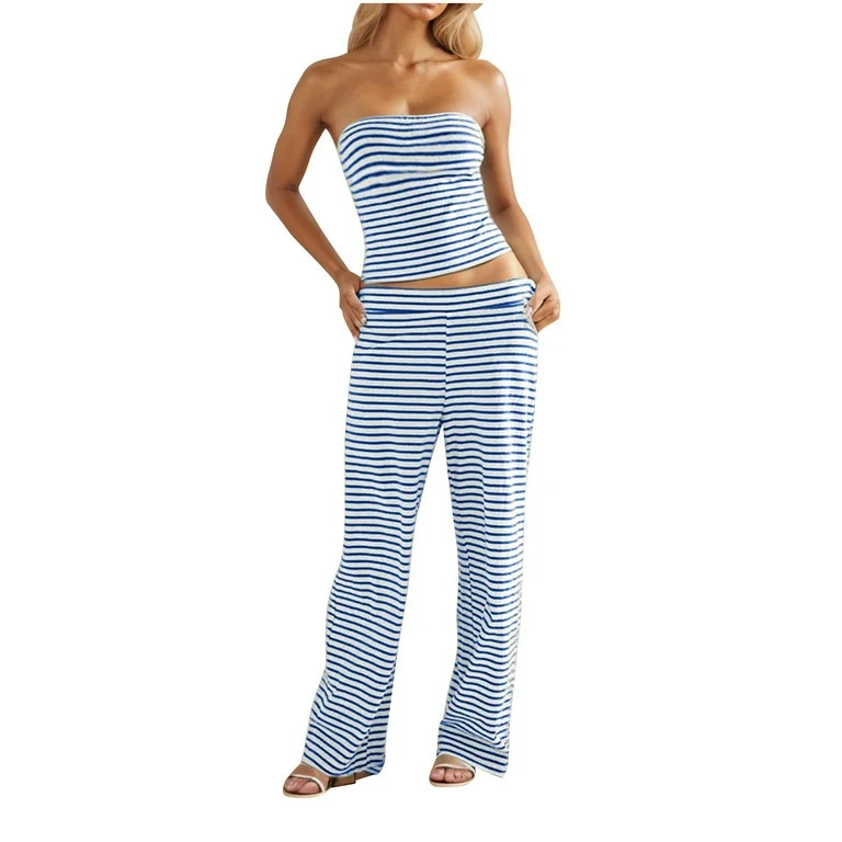 Wyobmus Women Summer Striped 2 Piece Lounge Sets Cute Strapless Crop Tube Tops High Waist Wide Le... | Walmart (US)
