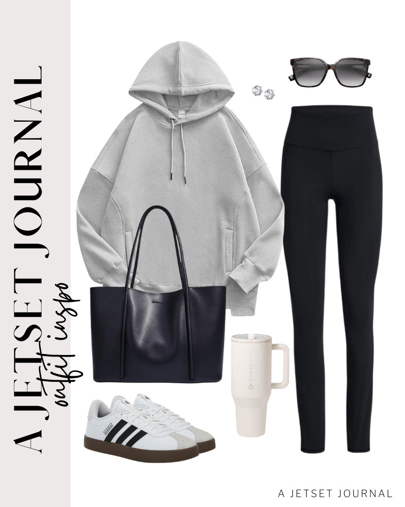 Gray hoodie and black leggings? Yes, they look cool! Finish the look with a leather tote bag and SOJOS sunnies. 

 #LTKSeasonal #LTKSaleAlert #LTKTravel