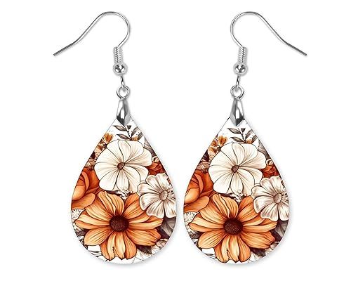 Floral Boho Fall Earrings for Women Burnt Orange Pumpkins Autumn Lightweight Teardrop (Fall Flora... | Amazon (US)