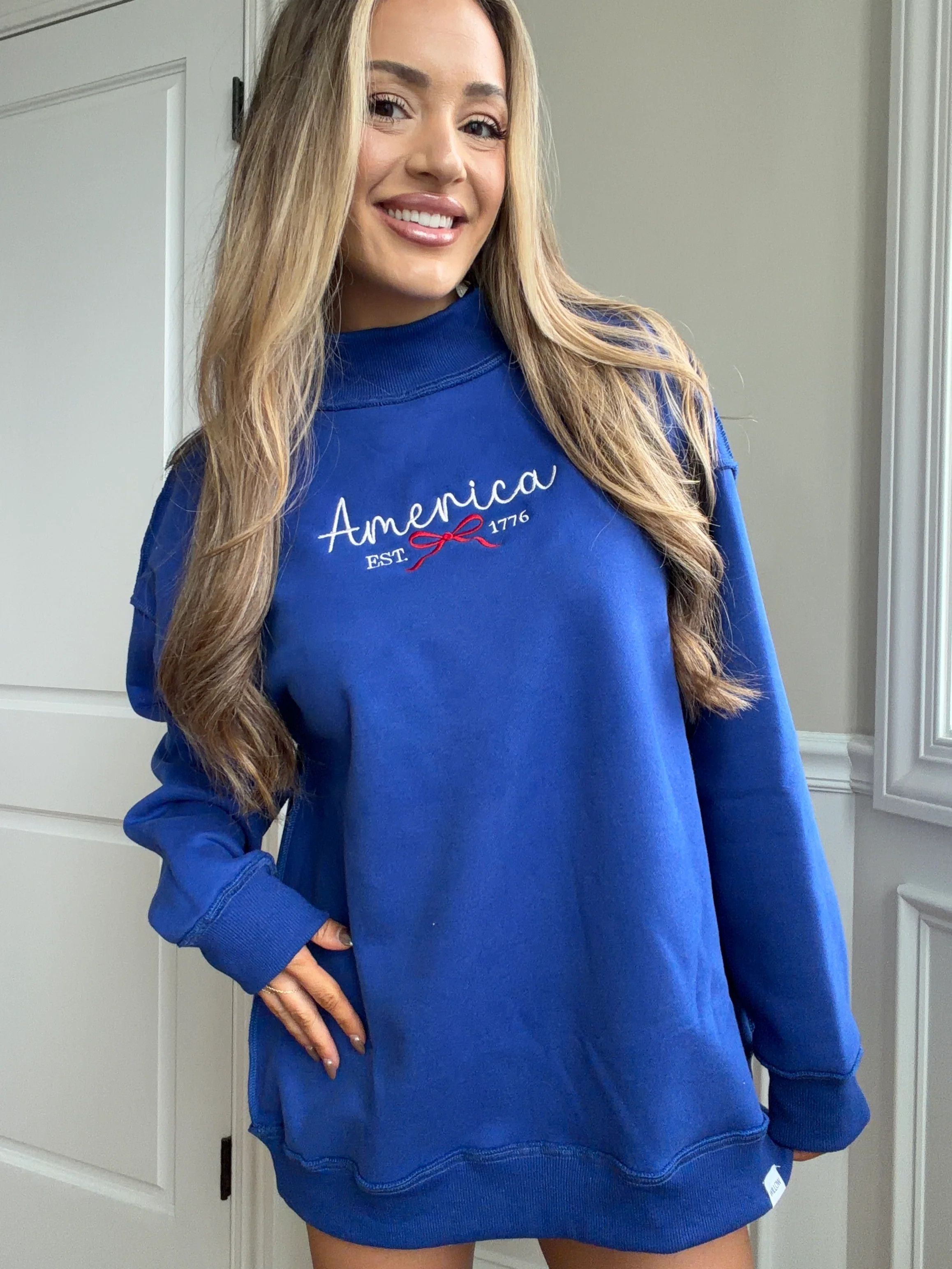 Tilly Miss Americana Embroidered Reversible Oversized Mockneck Crew | Willow Boutique