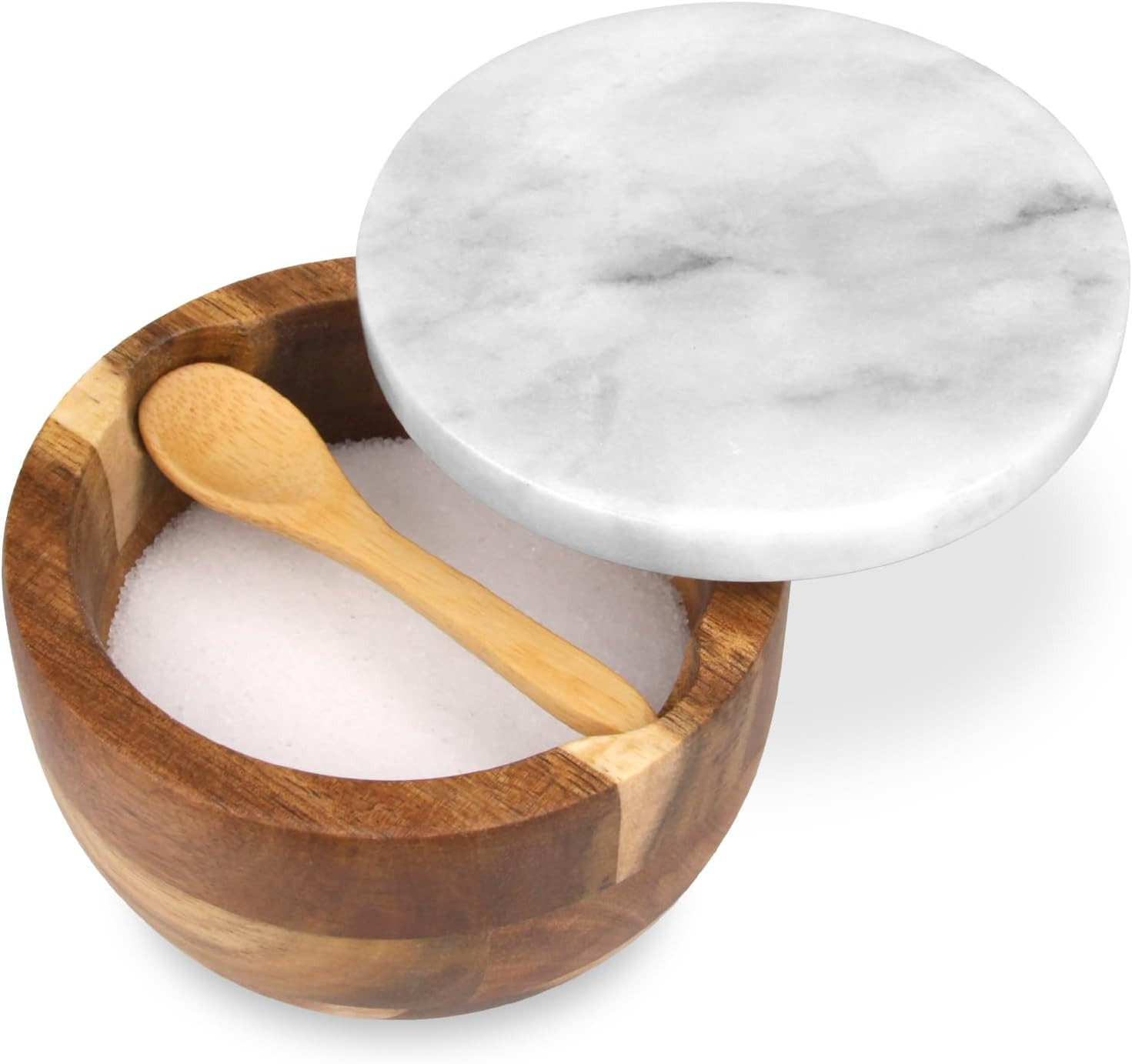 Wooden Salt Cellar Box with Marble Lid & Spoon, Modern White Stone Salt or Pepper Sugar Spice Sea... | Amazon (US)