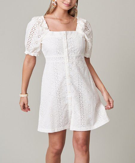Spartina 449 Pearl White Eyelet Catrina Button-Up Puff-Sleeve Dress - Women | Zulily