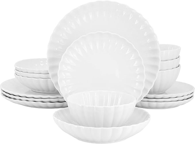 Elama Jane 16 Piece Scalloped Double Bowl Porcelain White Dinnerware Set, Serveware, Tableware, B... | Amazon (US)