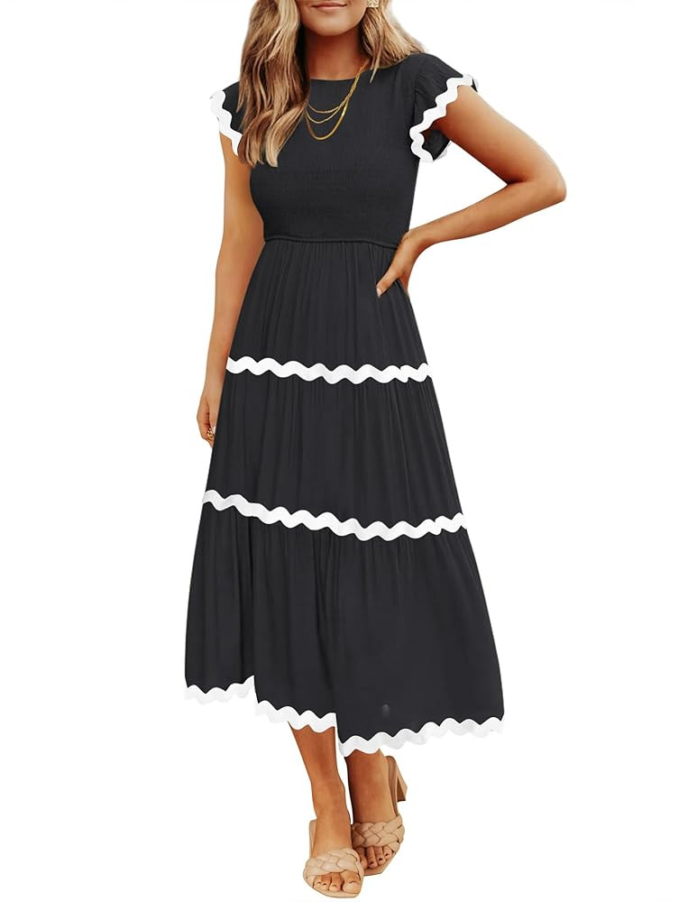 ZESICA Women's Summer Flutter Short Sleeve Smocked Midi Dress Casual High Waist Rickrack Tiered F... | Amazon (US)