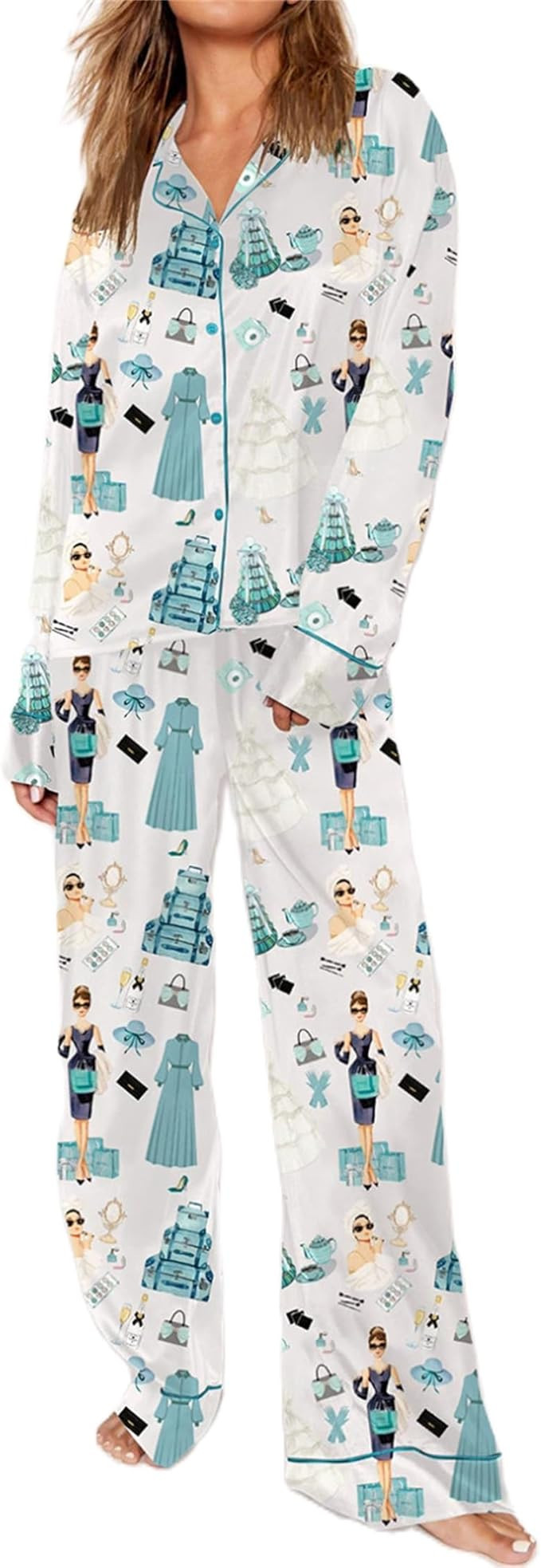 iTranyee Women Cute Bow Knot 2 Piece Pajama Set Sexy Satin Long Sleeve Button Down Shirts Wide Le... | Amazon (US)