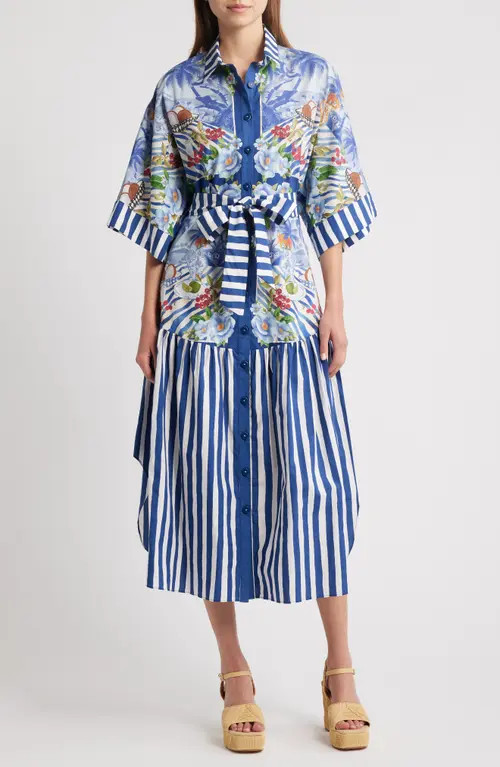 FARM Rio Fresh Table Scarf Cotton Shirtdress Dress in Blue at Nordstrom, Size Medium | Nordstrom