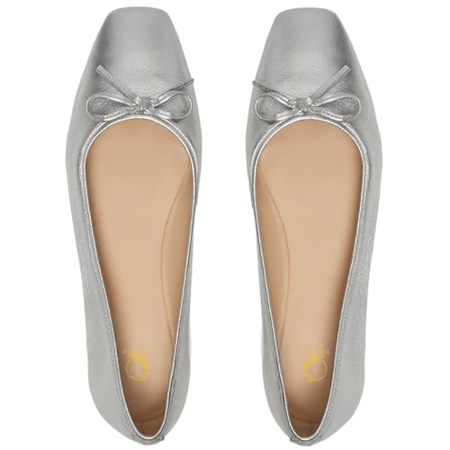 SHODENSE Women Silver Flats Shoes Bow Square Closed Toe Ballet Flats Metallic Slip On Dress Flats Silver Leather Flat Heel Office Work Shoes Girls Driving Flats Club Church Spring Matte Silver 7 | Amazon (US)