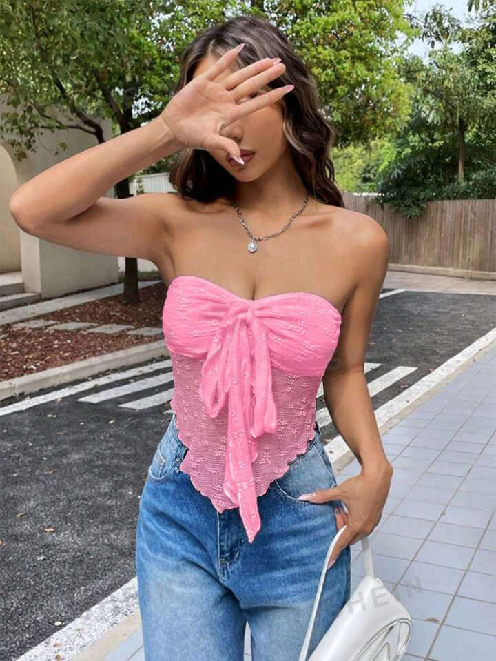 SHEIN EZwear Women's Solid Color Asymmetrical Hem Knot Front Sleeveless Pink Tube Top, Summer | S... | SHEIN