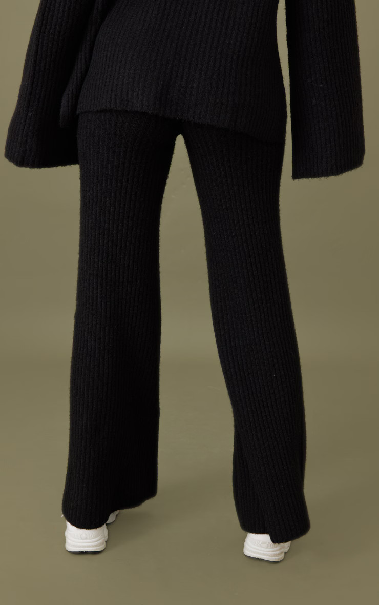 Tall Black Luxe Rib Knit Wide Leg Trousers | PrettyLittleThing UK