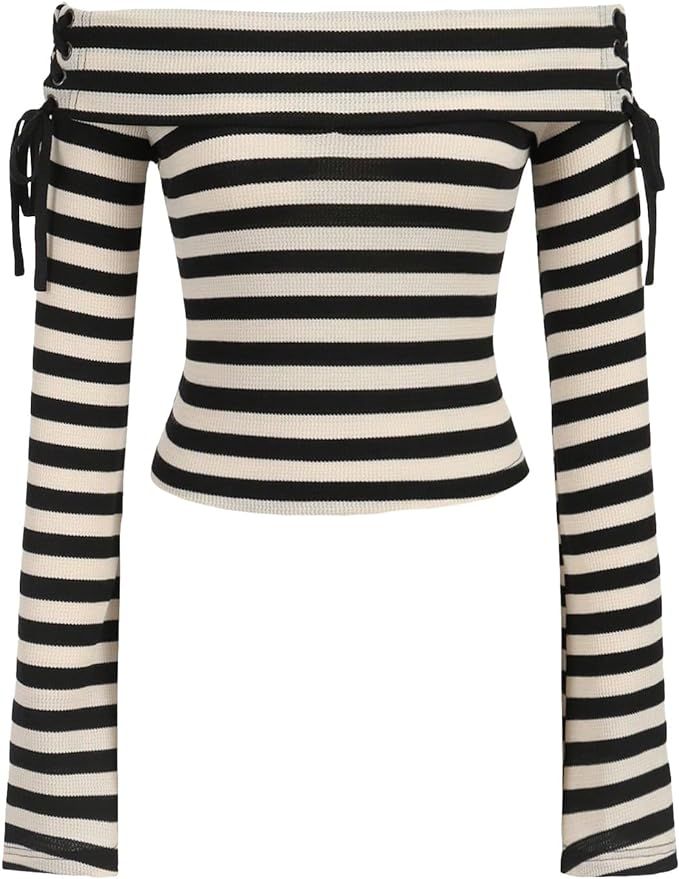 Verdusa Women's Lace Up Side Striped T Shirt Off Shoulder Long Sleeve Tee Top | Amazon (US)