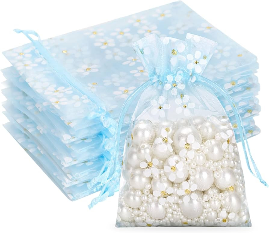 G2PLUS Daisy Organza Bags, 10x12 CM Baby Blue Organza Gift Bags, 30 PCS Jewellery Pouches with Dr... | Amazon (UK)