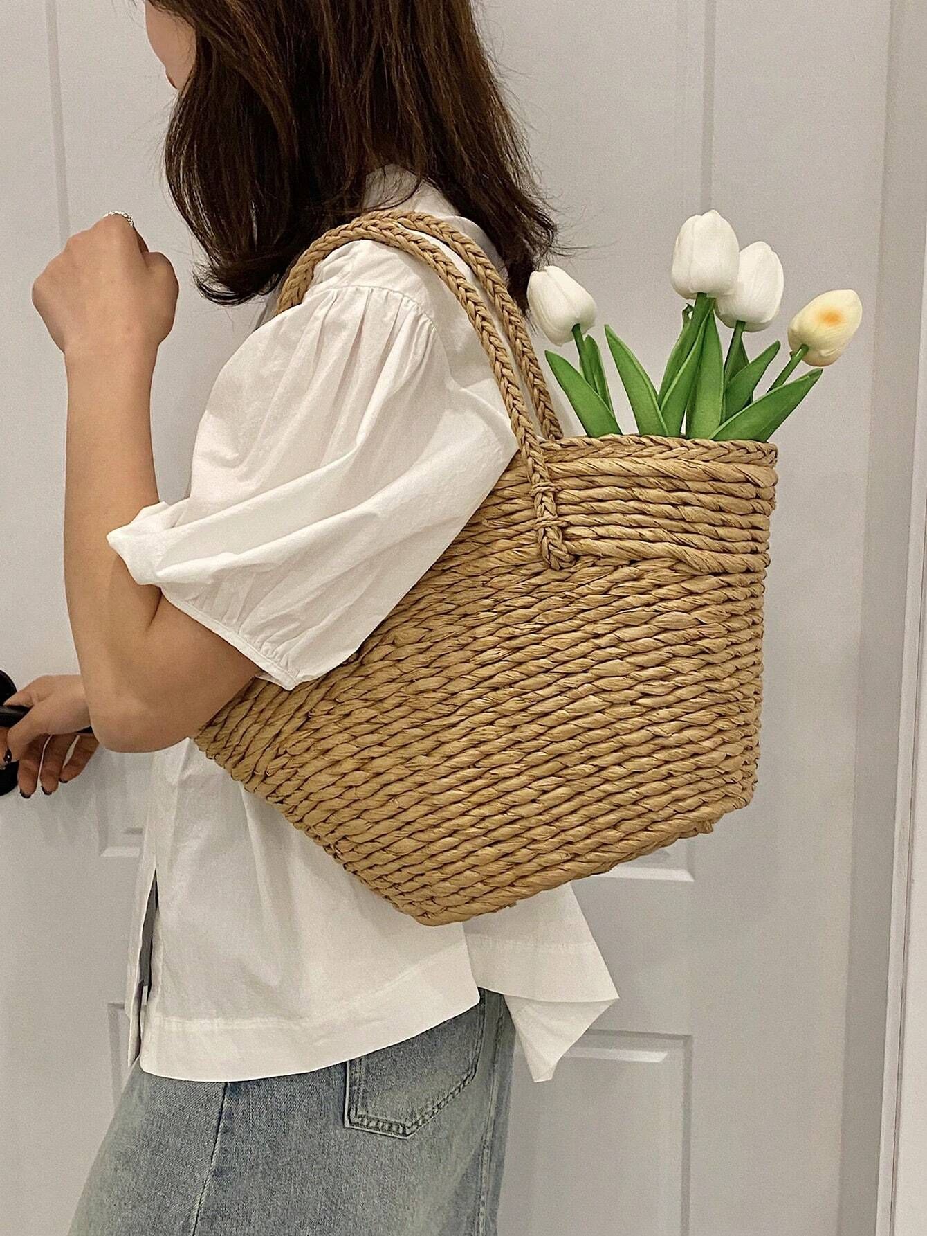 Minimalist Straw Bag Double Handle Vacation Style | SHEIN