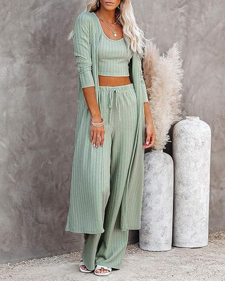 Womens Pajamas Set Fall Winter 3 Piece Loungewear Set Crop Vest Top Loose Pants and Cardigan Knitwea | Amazon (US)