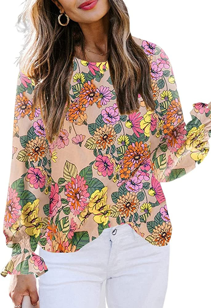 Diukia Women's Casual Crewneck Floral Print Ruffle Long Sleeve Blouse Shirts Tops | Amazon (US)