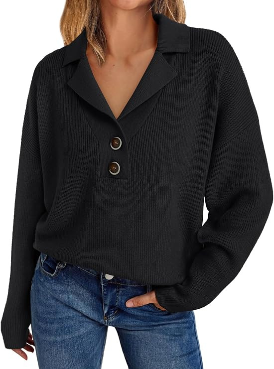 LILLUSORY Women's Snap-Buttons Foldover Collar Henley Knitted Pullover Sweater Tops | Amazon (US)