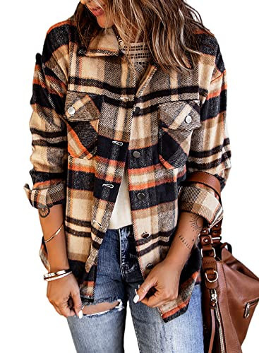 Astylish Womens Shacket Jacket Fashion Blouses Pocket Long Sleeve Button Up Flannel Shirts Orange X-Large | Amazon (US)