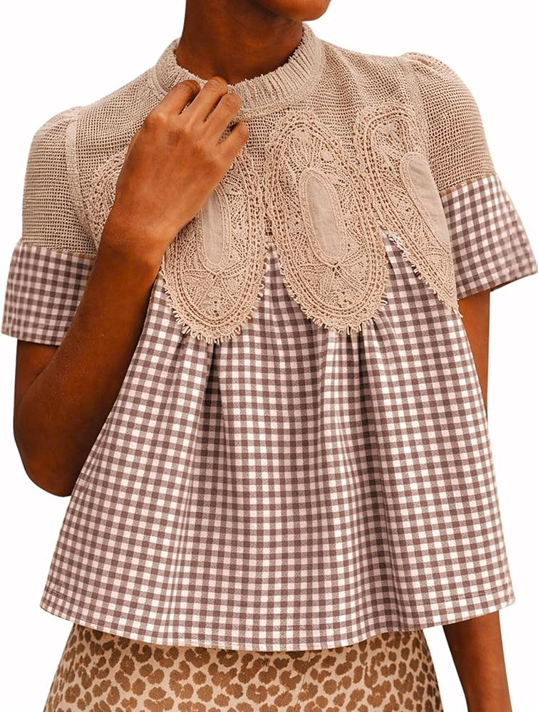 Gozoloma Women's Plaid Lace Short Sleeve Blouse Poplin Mesh Crew Neck Swing Babydoll Tops Casual ... | Amazon (US)