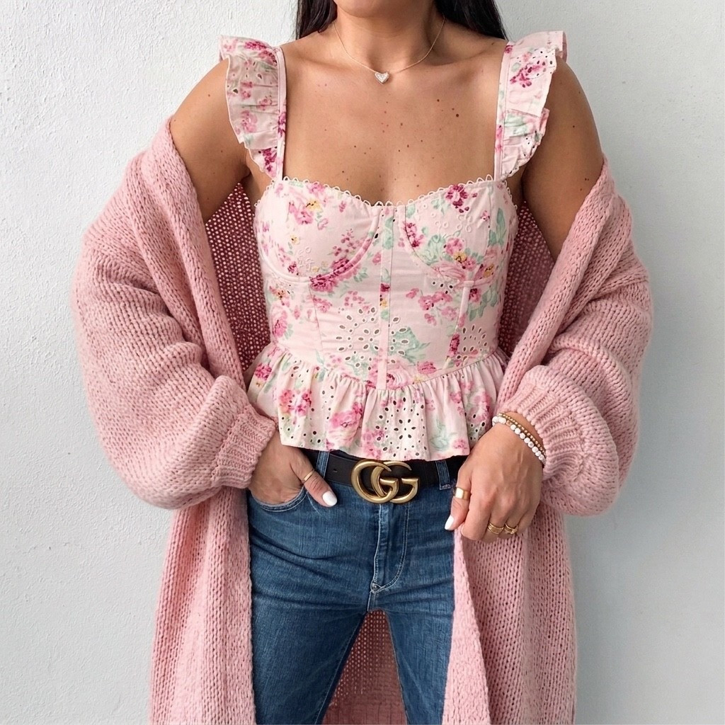 Baylin Floral Eyelet Lace-Up Back Peplum Top
