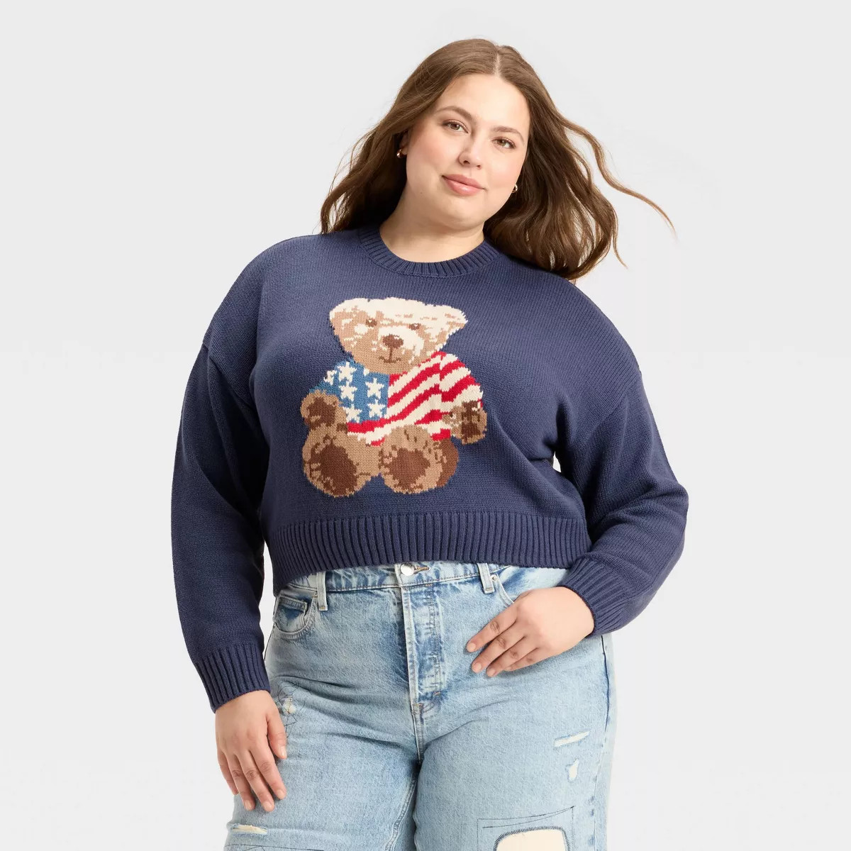 Women's Teddy Bear Flag Graphic Sweater - Navy 2X | Target