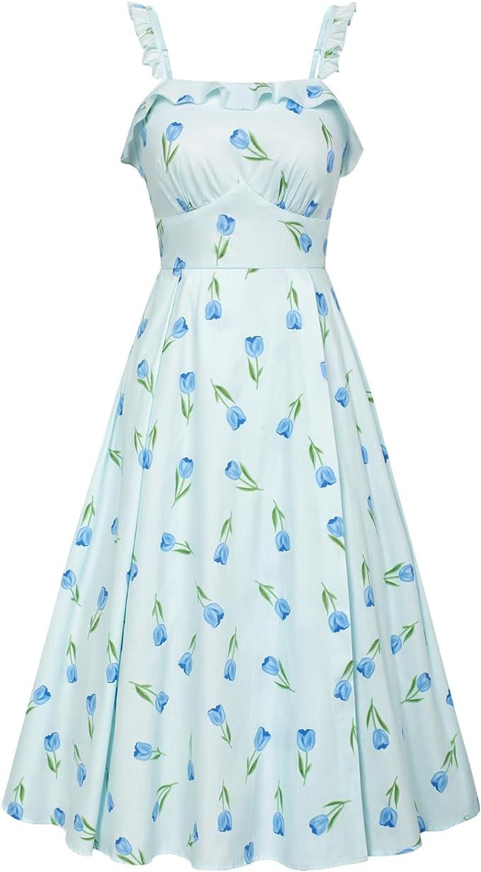 Belle Poque Floral Summer Dresses for Women 2024 Midi Sun Dresses Flowy Spaghetti Strap Dress wit... | Amazon (US)