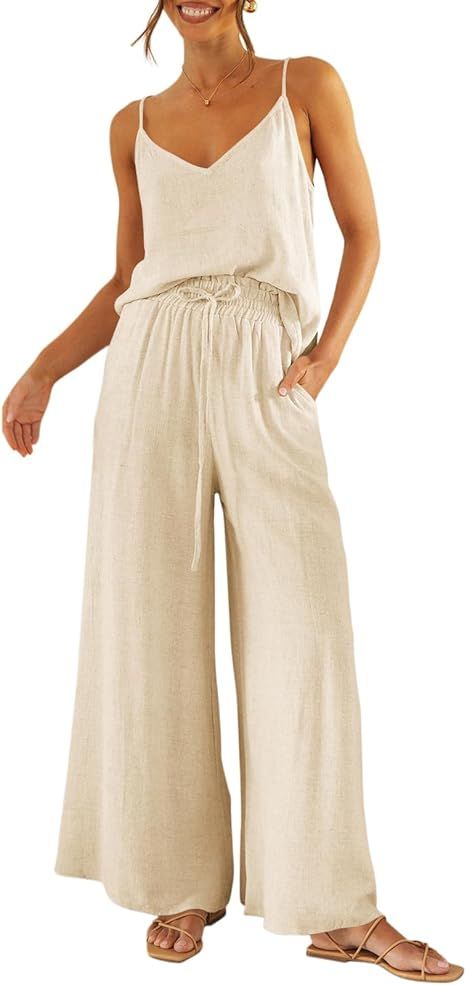 Imily Bela Womens 2 Piece Outfit Set Spaghetti Strap V Neck Cami Top with Wide Leg Pants Casual P... | Amazon (US)