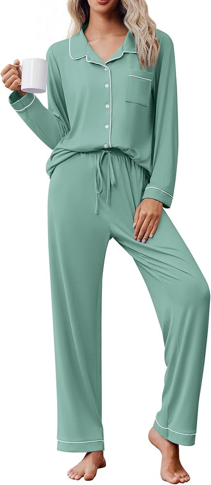Ekouaer Pajama Sets Women Classic Long Sleeve Button Down Sleepwear Soft Pjs Lounge Sets | Amazon (US)