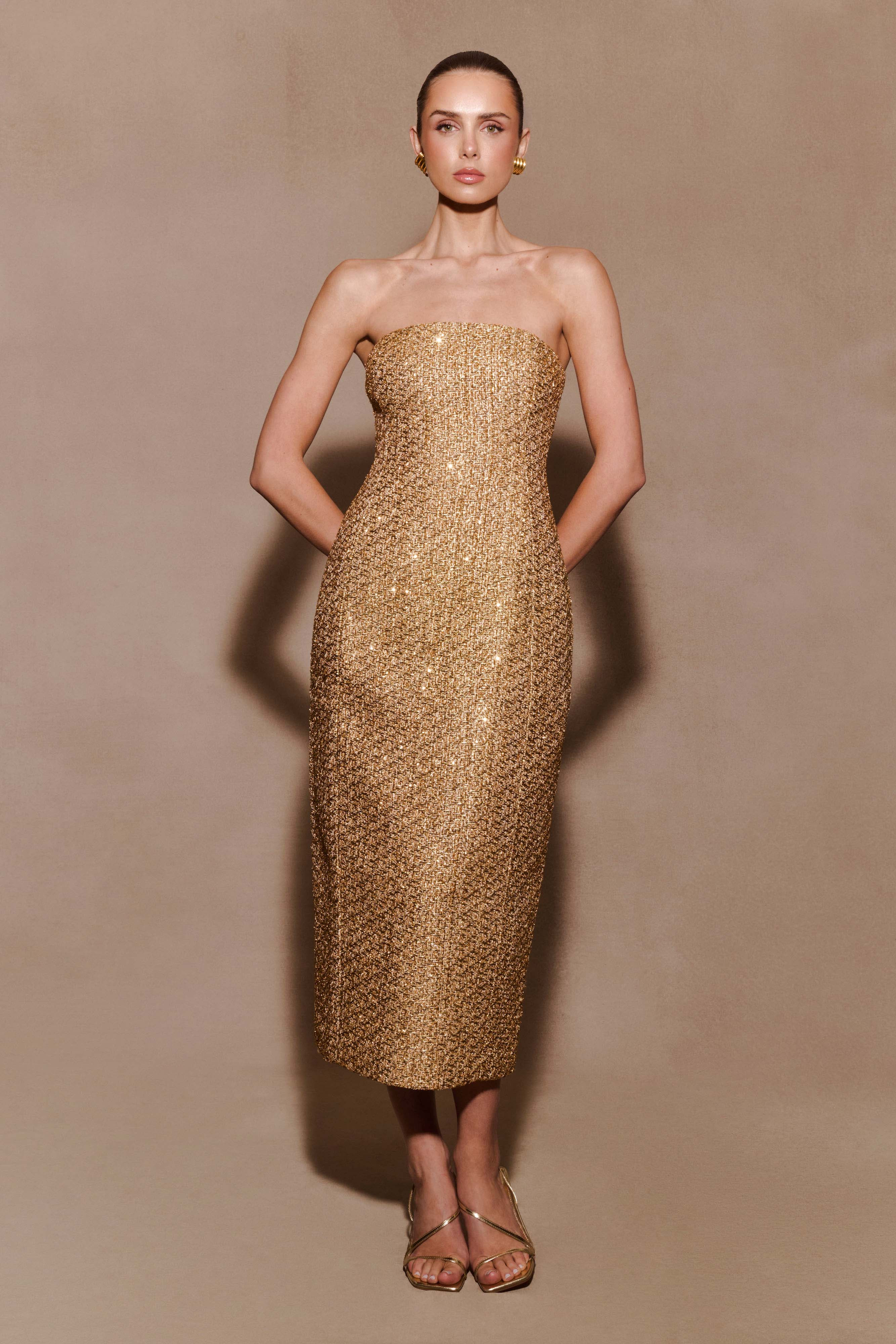 Gala Strapless Tweed Midi Dress - Gold | MESHKI US