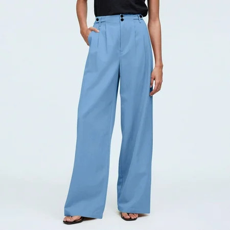 SKSloeg Wide Leg Pants Woman Summer Beach Pants High Waist Wide Leg Loose Casual Cotton Linen Flowy Palazzo Pants with Pockets Blue L | Walmart (US)