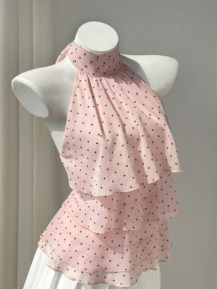Elamini Women's Polka Dot Pattern Ruffle Trim Halter Neck Blouse | SHEIN
