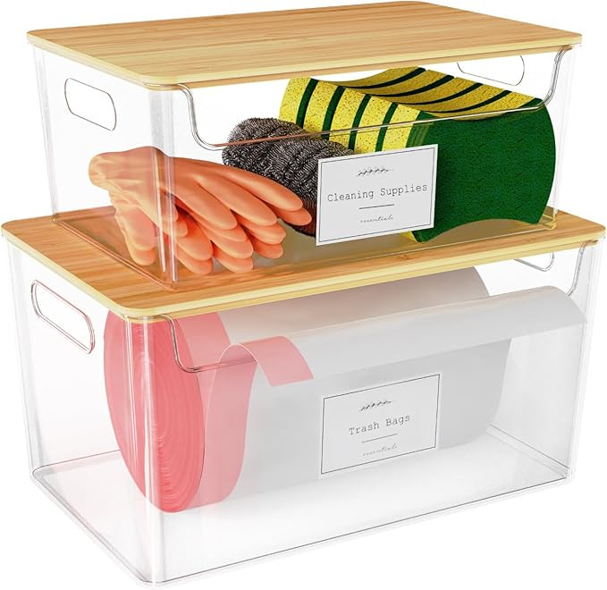 2 Pack Trash Bag Holder Under Sink Stackable, Plastic Garbage Bag Dispenser with Lid, Trash Bag S... | Amazon (US)