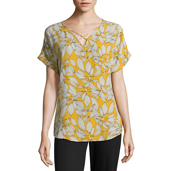 Worthington Womens V Neck Short Sleeve Dobby Blouse | JCPenney