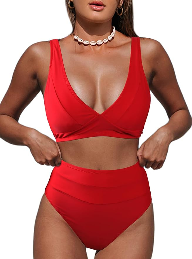 Hilinker Women's Leopard Bikini Swimsuits V Neck High Waisted 2 Piece Bathing Suits | Amazon (US)