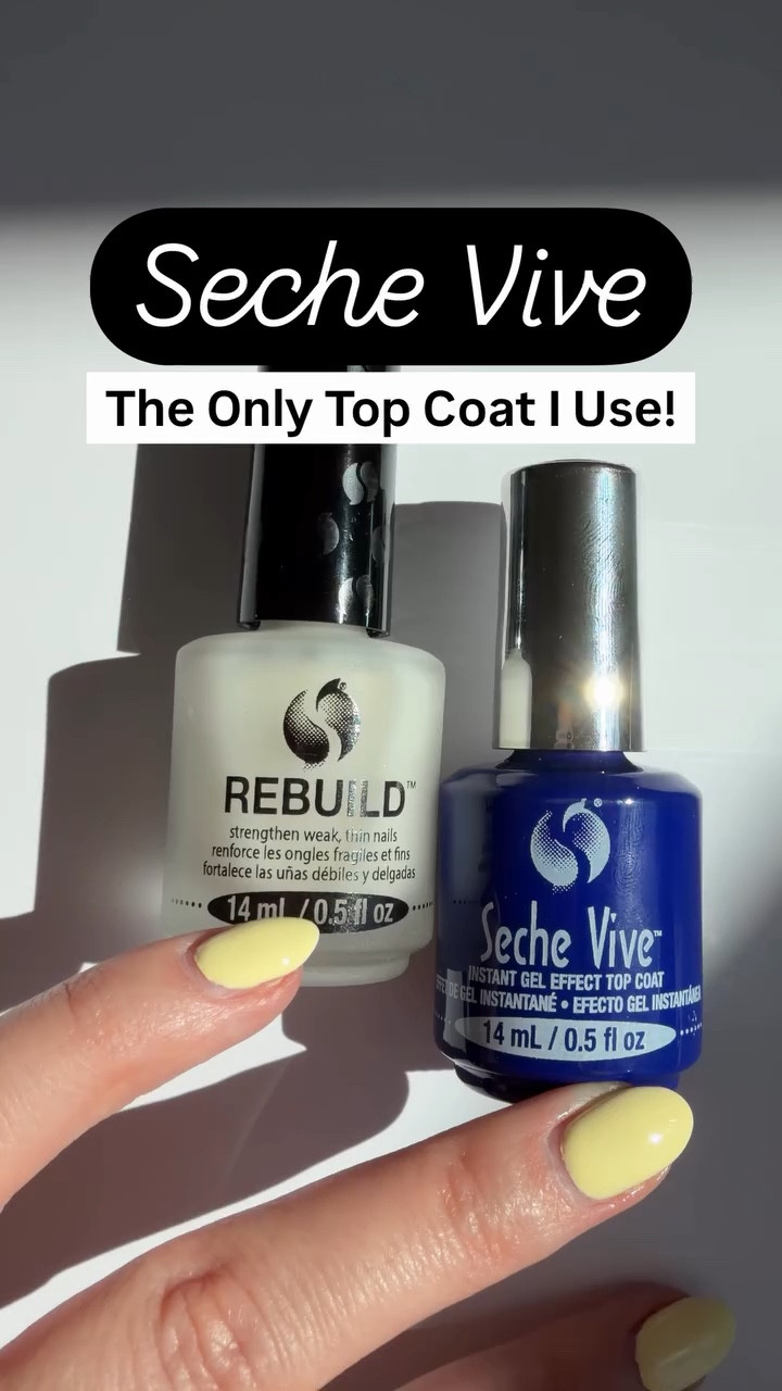 I have been using Seche Vive Top Coats for years! It is hands down the best top coat for your nails! It will prevent and protect your polish from chipping and give you a fast drying and stunning shine for the perfect gel-like finish. The Rebuild polish is great for weak, thin, soft, or peeling nails. It has a unique protein formulation that seals the layers of the nail together and thickens the nails, providing durability while promoting strength and flexibility. ✨

@sechenails 

#sechenails #diynails #topcoat #strongnails #butteryellownails

#LTKBeauty #LTKgrwm #LTKselfcare
