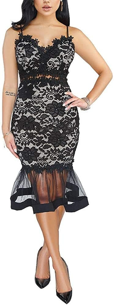 Salimdy Women Sexy Floral Lace Mesh Sheer Hollow Out Deep V Neck Spaghetti Strap Bodycon Pencil M... | Amazon (US)